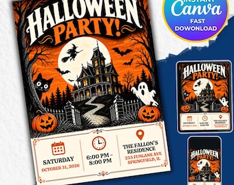 Puede incluir: Una plantilla de invitación para fiesta de Halloween con una casa embrujada, luna llena, una bruja en escoba, murciélagos, un gato negro y calabazas. El texto dice Halloween Party, Saturday October 31, 2026, 6:00 PM - 8:00 PM, The Fallon's Residence.