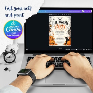 Halloween Party Invitation, Halloween Invitation Template Printable Invite Lets Get Spooky Ghost Party, Canva Template (Digital Download), ornate invitation, gothic invitation, gothic party invite, witch invitation, black white invite, halloween invite, spooky party invite, victorian gothic, adult halloween, editable invite, halloween party, printable invite, vintage halloween