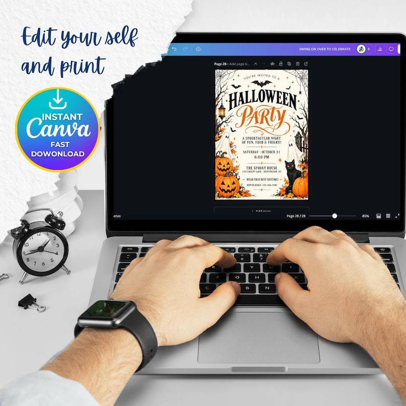 Halloween Party Invitation, Halloween Invitation Template Printable Invite Lets Get Spooky Ghost Party, Canva Template (Digital Download), ornate invitation, gothic invitation, gothic party invite, witch invitation, black white invite, halloween invite, spooky party invite, victorian gothic, adult halloween, editable invite, halloween party, printable invite, vintage halloween