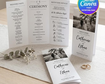 Trifold Wedding Invitation Template, Editable Canva Ceremony Program, Minimalist Timeline Brochure, Printable Download