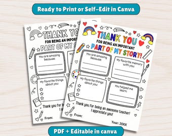 Kolorowanka z podziękowaniami dla nauczyciela: prezent z podziękowaniami DIY (edytowalny szablon Canva i plik PDF do druku)