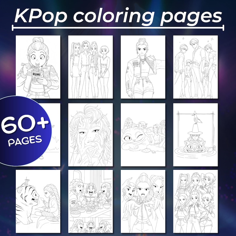 Demon Hunters kpop Coloring Pages | 40 K-pop coloring book for kids | Demon Hunters Characters | coloring sheets kids | Digital Download, kpop coloring, png coloring, bts, hunter coloring page, digital coloring, kids activity, pdf coloring, printable coloring, demon hunters kpop, instant download, kpop book activity, kpop demon hunters, music coloring page