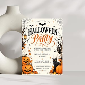 Halloween Party Invitation, Halloween Invitation Template Printable Invite Lets Get Spooky Ghost Party, Canva Template (Digital Download), ornate invitation, gothic invitation, gothic party invite, witch invitation, black white invite, halloween invite, spooky party invite, victorian gothic, adult halloween, editable invite, halloween party, printable invite, vintage halloween