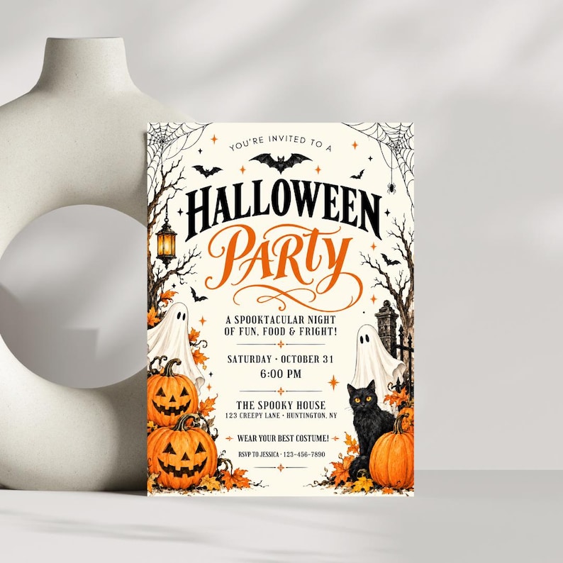 Halloween Party Invitation, Halloween Invitation Template Printable Invite Lets Get Spooky Ghost Party, Canva Template (Digital Download), ornate invitation, gothic invitation, gothic party invite, witch invitation, black white invite, halloween invite, spooky party invite, victorian gothic, adult halloween, editable invite, halloween party, printable invite, vintage halloween