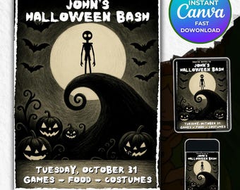 Editable Retro Halloween Party Invitation Template | Vintage Spooky Halloween Invite | Canva Template | Adult Party, Haunted House | 226