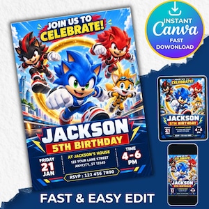 May include: A digital birthday invitation template featuring Sonic the Hedgehog, Shadow, and Tails characters. The text reads JOIN US TO CELEBRATE, JACKSON 5TH BIRTHDAY, FRIDAY 21 JAN, AT JACKSON'S HOUSE, 123 YOUR LANE STREET, ANYCITY, ST 12345, TIME 4-6 PM, RSVP 123 456 7890.