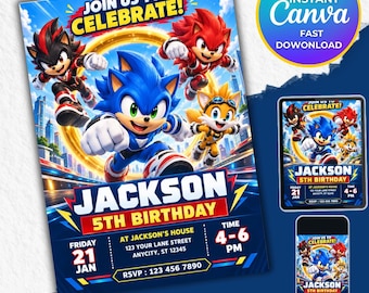Sonic 3 Birthday Invitation, Super Hedgehog Boys Party Invite, Editable Sonic Kids Invite Template, Super Sonic kids Evite, Canva Template