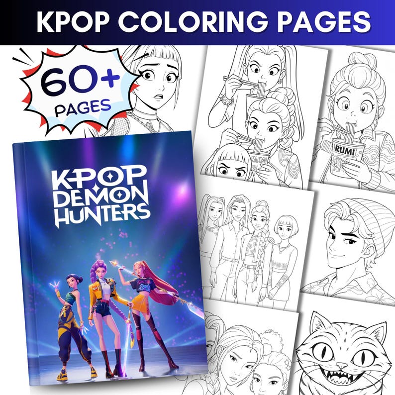 Demon Hunters kpop Coloring Pages | 40 K-pop coloring book for kids | Demon Hunters Characters | coloring sheets kids | Digital Download, kpop coloring, png coloring, bts, hunter coloring page, digital coloring, kids activity, pdf coloring, printable coloring, demon hunters kpop, instant download, kpop book activity, kpop demon hunters, music coloring page