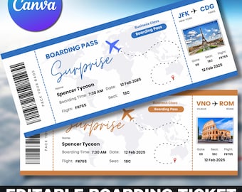 Editable Boarding Pass Canva Template, Printable Airline Ticket, Boarding Pass Surprise Trip, Digital Download DIY Boarding Ticket.
