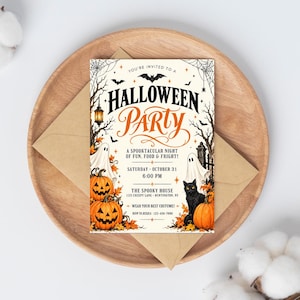 Halloween Party Invitation, Halloween Invitation Template Printable Invite Lets Get Spooky Ghost Party, Canva Template (Digital Download), ornate invitation, gothic invitation, gothic party invite, witch invitation, black white invite, halloween invite, spooky party invite, victorian gothic, adult halloween, editable invite, halloween party, printable invite, vintage halloween