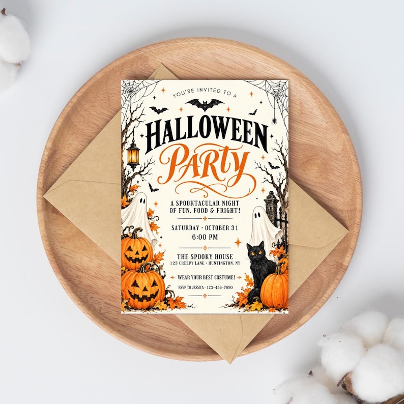 Halloween Party Invitation, Halloween Invitation Template Printable Invite Lets Get Spooky Ghost Party, Canva Template (Digital Download), ornate invitation, gothic invitation, gothic party invite, witch invitation, black white invite, halloween invite, spooky party invite, victorian gothic, adult halloween, editable invite, halloween party, printable invite, vintage halloween