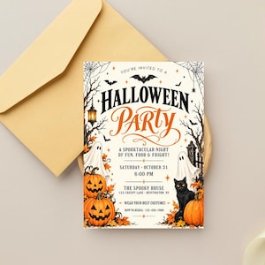 Halloween Party Invitation, Halloween Invitation Template Printable Invite Lets Get Spooky Ghost Party, Canva Template (Digital Download), ornate invitation, gothic invitation, gothic party invite, witch invitation, black white invite, halloween invite, spooky party invite, victorian gothic, adult halloween, editable invite, halloween party, printable invite, vintage halloween