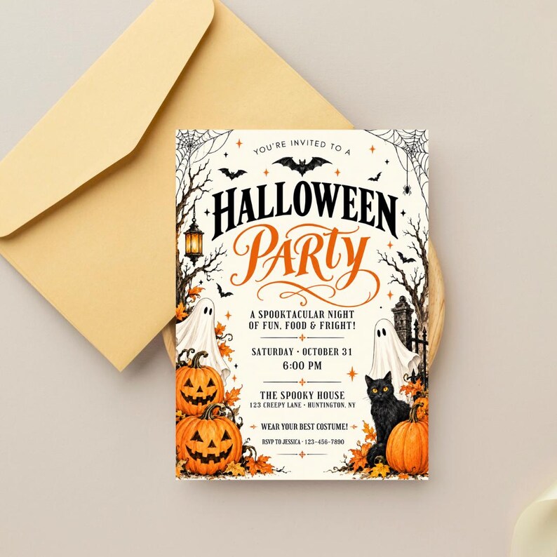 Halloween Party Invitation, Halloween Invitation Template Printable Invite Lets Get Spooky Ghost Party, Canva Template (Digital Download), ornate invitation, gothic invitation, gothic party invite, witch invitation, black white invite, halloween invite, spooky party invite, victorian gothic, adult halloween, editable invite, halloween party, printable invite, vintage halloween