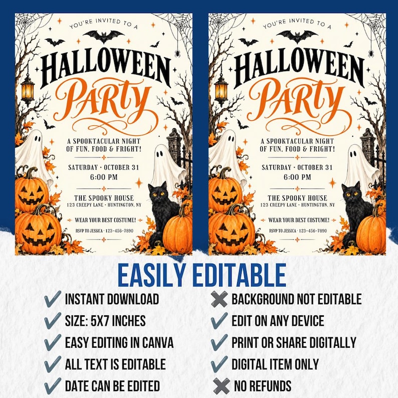 Halloween Party Invitation, Halloween Invitation Template Printable Invite Lets Get Spooky Ghost Party, Canva Template (Digital Download), ornate invitation, gothic invitation, gothic party invite, witch invitation, black white invite, halloween invite, spooky party invite, victorian gothic, adult halloween, editable invite, halloween party, printable invite, vintage halloween