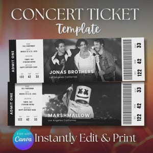 Könnte beinhalten: Zwei Konzertticket-Vorlagen mit Schwarz-Weiß-Fotos der Jonas Brothers und Marshmello. Jedes Ticket enthält Felder für Name, Datum 22. & 23. März 2025, Ort Tampa Bay Stadium/Arena, Nachricht Happy Birthday Babe sowie Angaben zu Sektion, Reihe und Sitz.