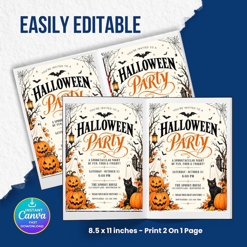 Halloween Party Invitation, Halloween Invitation Template Printable Invite Lets Get Spooky Ghost Party, Canva Template (Digital Download), ornate invitation, gothic invitation, gothic party invite, witch invitation, black white invite, halloween invite, spooky party invite, victorian gothic, adult halloween, editable invite, halloween party, printable invite, vintage halloween
