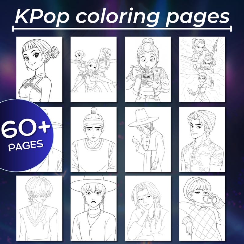 Demon Hunters kpop Coloring Pages | 40 K-pop coloring book for kids | Demon Hunters Characters | coloring sheets kids | Digital Download, kpop coloring, png coloring, bts, hunter coloring page, digital coloring, kids activity, pdf coloring, printable coloring, demon hunters kpop, instant download, kpop book activity, kpop demon hunters, music coloring page
