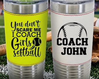 Personalized Sports Tumbler, Custom Baseball Football Coach Gift, Engraved Leather Travel Mug, Soccer Mom Water Bottle, Basketball Cup