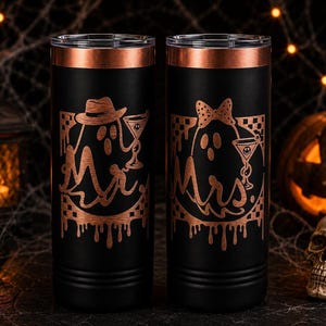 Mr and Mrs Ghost Halloween 22oz Skinny Tumbler, Spooky Couple Cocktail Cup, Gothic Wedding Gift, Engraved Black Ghost Travel Mug for Her Him