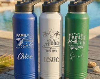 Personalized Stainless Steel Water Bottle, Insulated Travel Tumbler, Custom Engraved Vacation Drinkware
