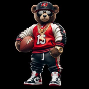 Könnte beinhalten: Ein brauner Teddybär mit einer schwarzen Baseballkappe mit rotem Logo, schwarzer Sonnenbrille, einer rot-weißen Collegejacke mit der Nummer 15, Goldketten, einer goldenen Armbanduhr, schwarzer Jogginghose mit roten Streifen und schwarz-weißen Turnschuhen.