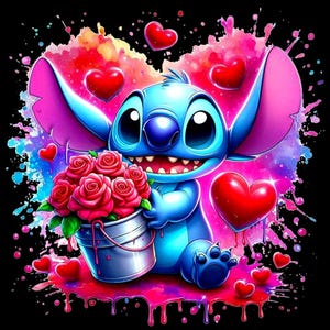 May include: A cartoon illustration of a blue alien character holding a bucket of red roses. The background features red hearts and colorful paint splatters against a black backdrop. The character has large eyes and a wide smile.