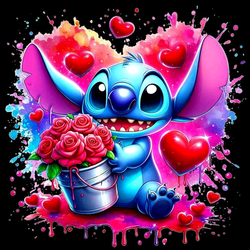 May include: A cartoon illustration of a blue alien character holding a bucket of red roses. The background features red hearts and colorful paint splatters against a black backdrop. The character has large eyes and a wide smile.