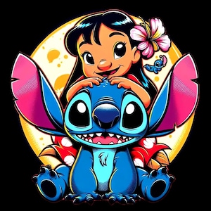 May include: A digital illustration of Lilo and Stitch. Lilo, with black hair and a flower, smiles while embracing Stitch, a blue alien with large ears. A yellow moon shape is behind them, set against a black background.