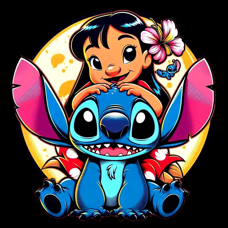 May include: A digital illustration of Lilo and Stitch. Lilo, with black hair and a flower, smiles while embracing Stitch, a blue alien with large ears. A yellow moon shape is behind them, set against a black background.