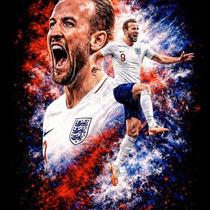 Peut inclure: Affiche d'art numérique représentant un footballeur en maillot blanc avec le numéro 9 et l'emblème de l'Angleterre. L'image a une composition dynamique avec des effets d'éclaboussures de peinture rouge et bleue sur fond noir.