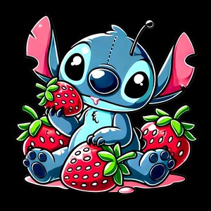 May include: A cartoon illustration of a blue alien-like creature with large black eyes, pink ears, and a small antenna. The creature is surrounded by red strawberries with green leaves, and is holding one in its hand. The background is black.