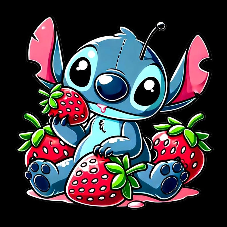 May include: A cartoon illustration of a blue alien-like creature with large black eyes, pink ears, and a small antenna. The creature is surrounded by red strawberries with green leaves, and is holding one in its hand. The background is black.
