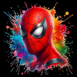 Puede incluir: Una vibrante ilustración de la cabeza y los hombros de Spider-Man sobre un fondo negro. La máscara roja del superhéroe presenta un diseño de telaraña negra y ojos con marco plateado. Una colorida salpicadura de pintura en azul, rosa, naranja y verde rodea al personaje.