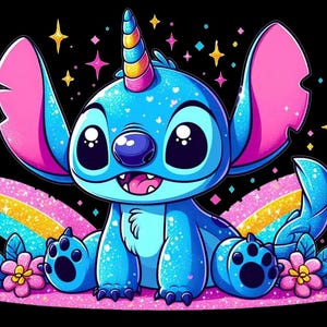 May include: A cartoon illustration of a blue creature with large eyes, a unicorn horn, and large ears. The creature is sitting on a pink surface with a rainbow and flowers. The background is black with stars.