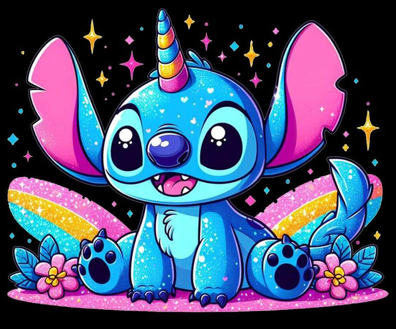 May include: A cartoon illustration of a blue creature with large eyes, a unicorn horn, and large ears. The creature is sitting on a pink surface with a rainbow and flowers. The background is black with stars.