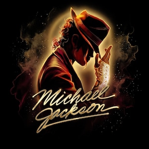 May include: A digital illustration of Michael Jackson in silhouette, wearing a fedora and a jeweled glove. The image features a golden glow and the name "Michael Jackson" in gold script.