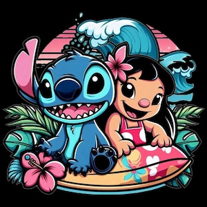 May include: A cartoon illustration of Stitch and Lilo from Lilo & Stitch. Stitch is blue with large ears and a wide grin. Lilo is wearing a pink dress and a flower in her hair. They are on a surfboard with waves and tropical foliage.