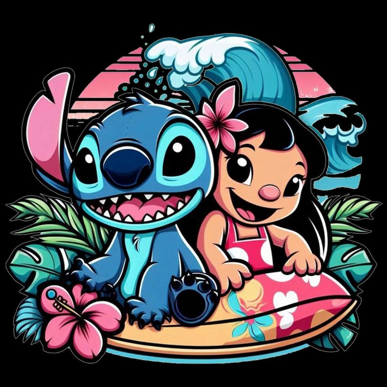 May include: A cartoon illustration of Stitch and Lilo from Lilo & Stitch. Stitch is blue with large ears and a wide grin. Lilo is wearing a pink dress and a flower in her hair. They are on a surfboard with waves and tropical foliage.