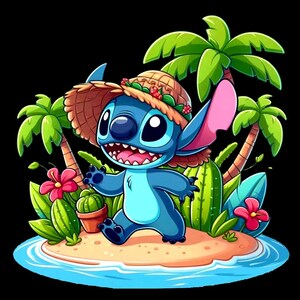 May include: A cartoon illustration of a blue alien character wearing a straw hat with red flowers, walking on a sandy island. Palm trees, tropical flowers, and a small cactus in a pot surround the character. The background is black.