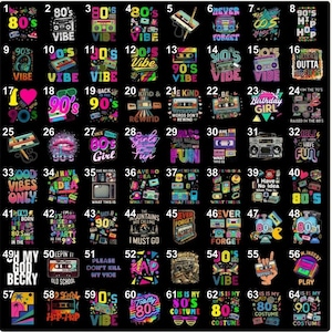 Puede incluir: Una colección de sesenta y cuatro diseños gráficos individuales con temas de los años 80 y 90, que incluyen casetes, radiocasetes, tipografía retro y colores neón vibrantes sobre un fondo negro, dispuestos en una cuadrícula numerada.