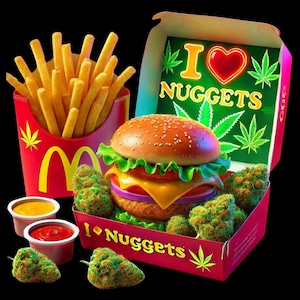 May include: A fast food meal set featuring a red carton of golden french fries, a burger, and several green textured nuggets in a red box labelled I Love Nuggets with cannabis leaf graphics. Two small dipping sauce cups are included in the set.