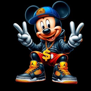 May include: A cartoon mouse character wearing a blue baseball cap with a gold emblem, a black hoodie, and red shorts. The character wears a gold chain with a dollar sign pendant and black and orange high-top trainers, making peace signs with both hands.