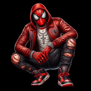 May include: A character wearing a red hooded leather jacket with a spider emblem, a white t-shirt, a silver cross necklace, and black distressed jeans. The character has red gloves with a web pattern, a silver watch, and red and black trainers.