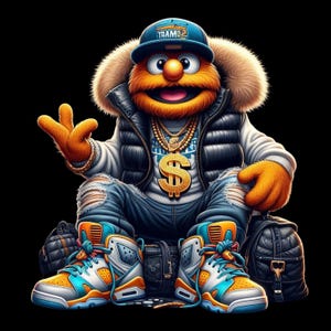 May include: An orange fuzzy character wearing a blue baseball cap with the text TRAM 2, a black puffer vest over a white shirt, distressed blue jeans, and multi-coloured high-top trainers. The character wears a large gold dollar sign necklace.