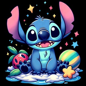 May include: A digital illustration of the character Stitch from Lilo & Stitch. Stitch is blue with large black eyes, pink ears, and a wide grin. He sits on a cloud with a strawberry, a striped ball, and stars.