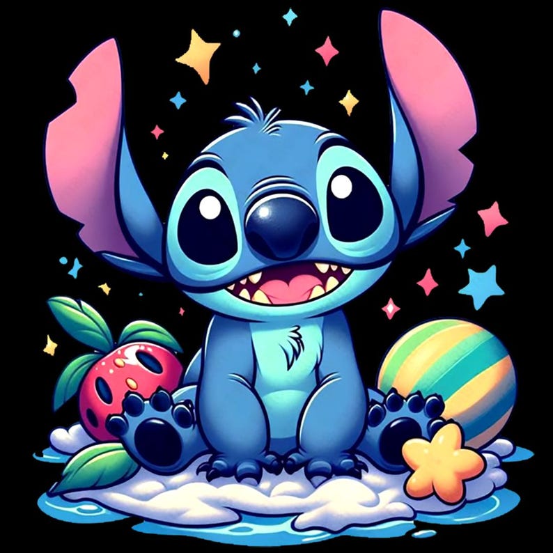 May include: A digital illustration of the character Stitch from Lilo & Stitch. Stitch is blue with large black eyes, pink ears, and a wide grin. He sits on a cloud with a strawberry, a striped ball, and stars.