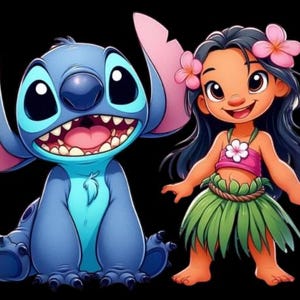 May include: Illustration of the characters Stitch and Lilo from the animated movie Lilo & Stitch. Stitch is blue with large ears and a wide grin. Lilo is wearing a pink top, green skirt, and flower hair accessories.