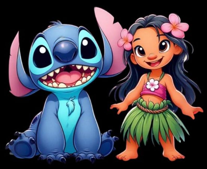 May include: Illustration of the characters Stitch and Lilo from the animated movie Lilo & Stitch. Stitch is blue with large ears and a wide grin. Lilo is wearing a pink top, green skirt, and flower hair accessories.