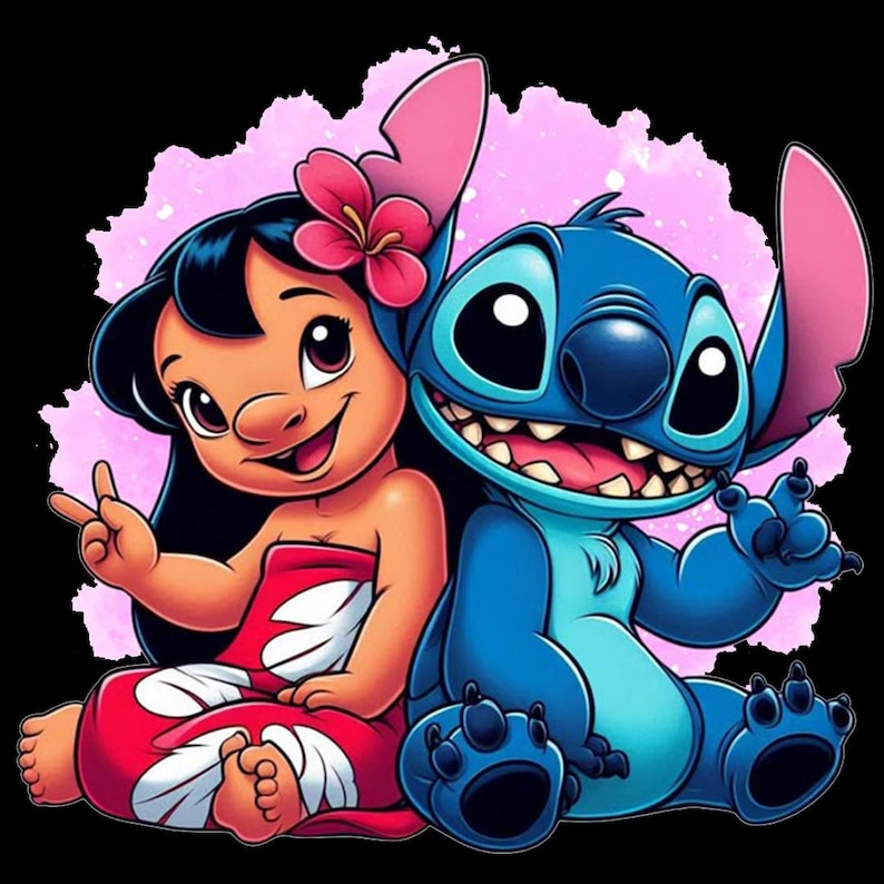 May include: A cartoon illustration of Lilo and Stitch. Lilo, with dark hair and a red floral dress, sits next to Stitch, a blue alien. Both characters are smiling and giving peace signs, set against a pink background.
