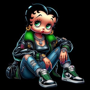 May include: A cartoon character with black hair, large green eyes, and gold hoop earrings, wearing a black jacket with a green collar, a black top, distressed blue jeans, and high-top sneakers with green laces, set against a solid black background.